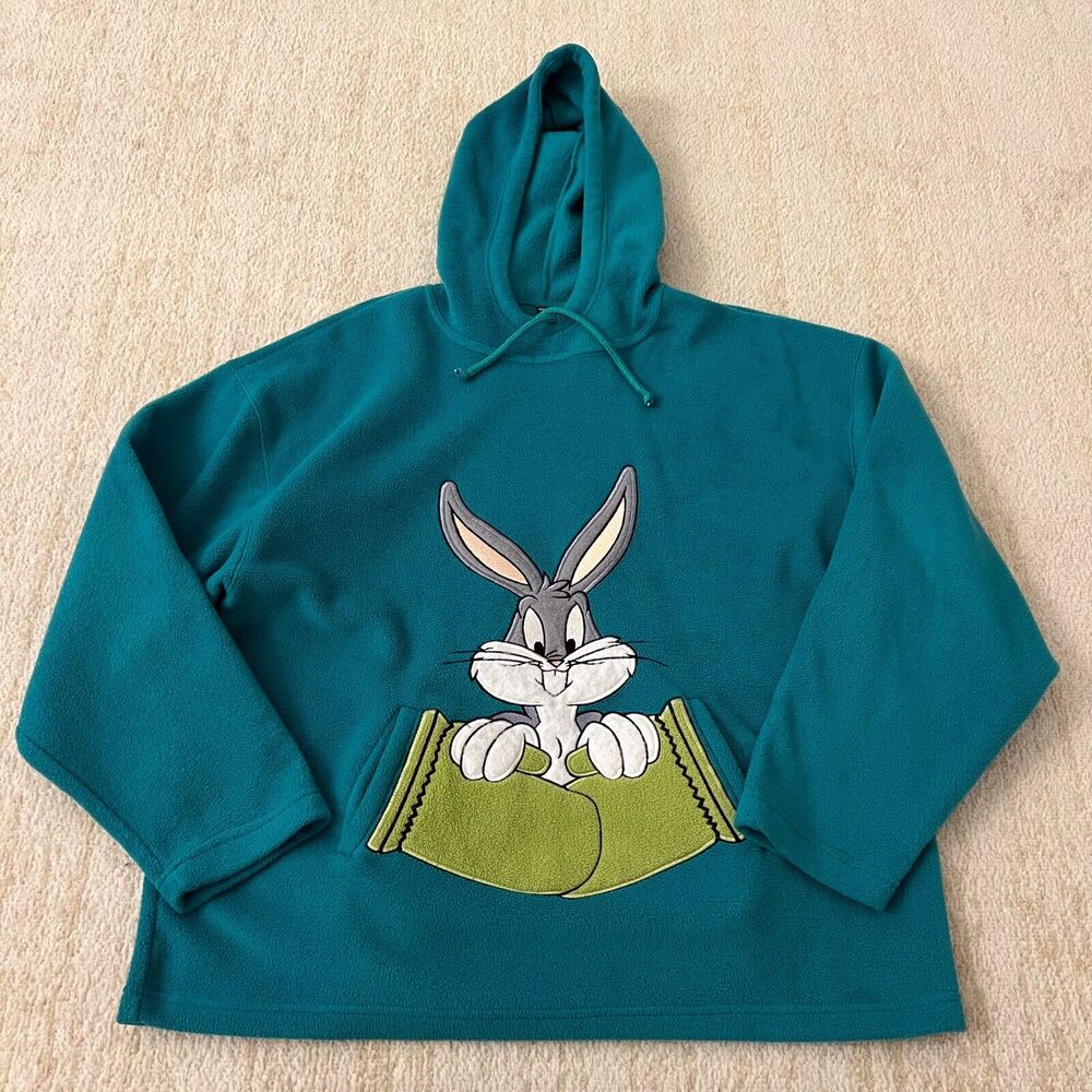 Looney Tunes Womens Large Bugs Bunny Fleece Hoodie Sweatshirt Teal Mitten Pocket - Picture 1 of 5